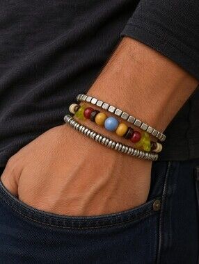 3/$30 Set of Three Men's Acrylic Rainbow Beaded Stretch Bracelets